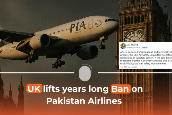 An image of PIA plane soaring above the skies of UK with a text written on it saying " UK lifts years long Ban on Pakistan Airlines"