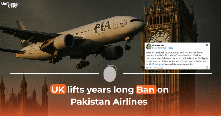 An image of PIA plane soaring above the skies of UK with a text written on it saying " UK lifts years long Ban on Pakistan Airlines"