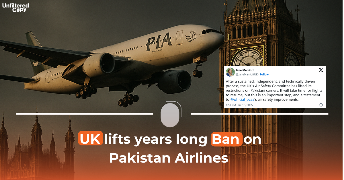 An image of PIA plane soaring above the skies of UK with a text written on it saying " UK lifts years long Ban on Pakistan Airlines"